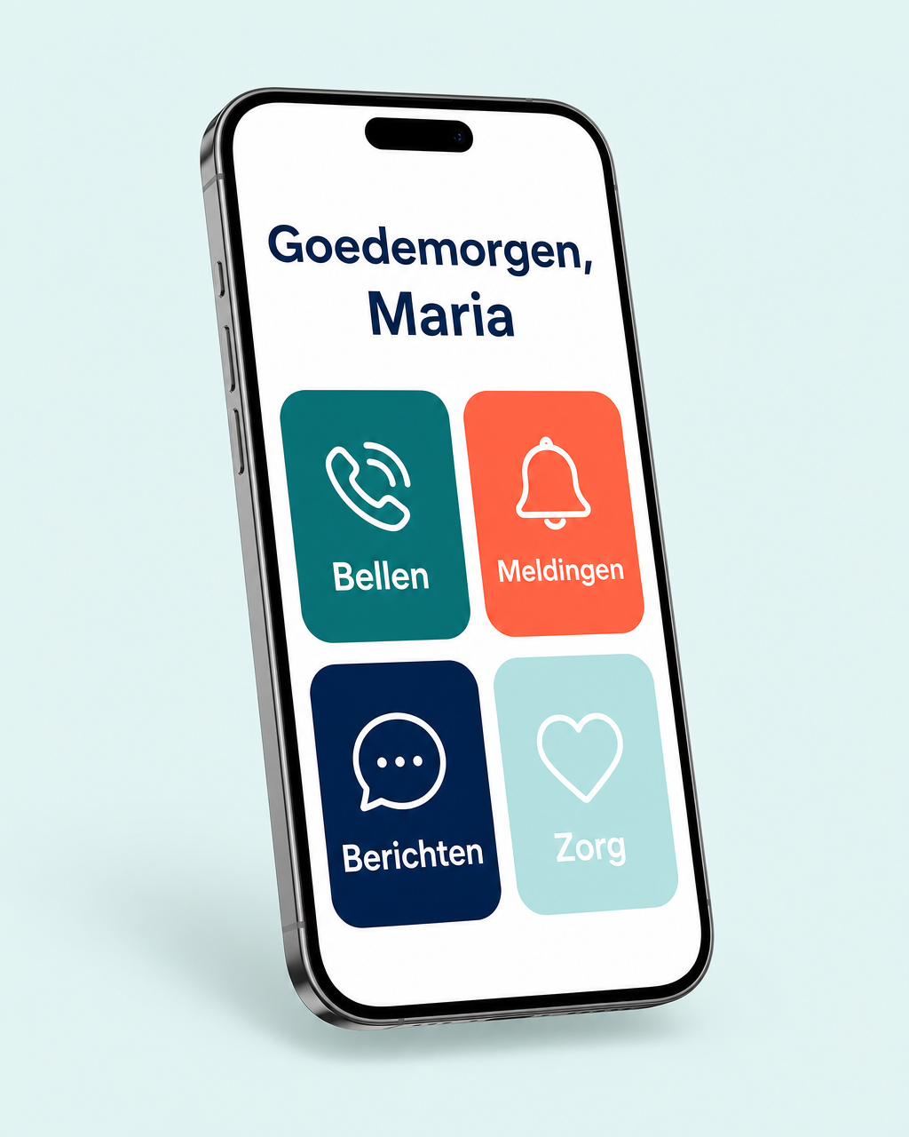 Het Elsie-scherm op een smartphone, met grote duidelijke knoppen