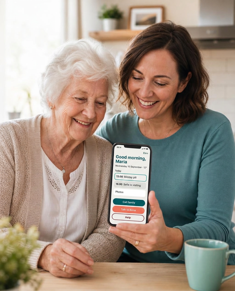 Een senior en haar dochter die samen glimlachend naar een smartphone met de Elsie-app kijken